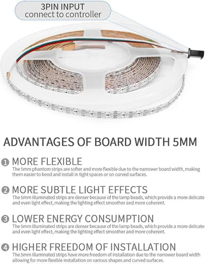 160LEDs/m 6.5FT WS2812B WS2812 LED Strip,SMD 2020 DC5V 5mm Width Individually Addressable Dream Color Flexible Smart Light Tape for Bedroom,Kitchen,Stage,TV Backlight(No Adapter or Controller)