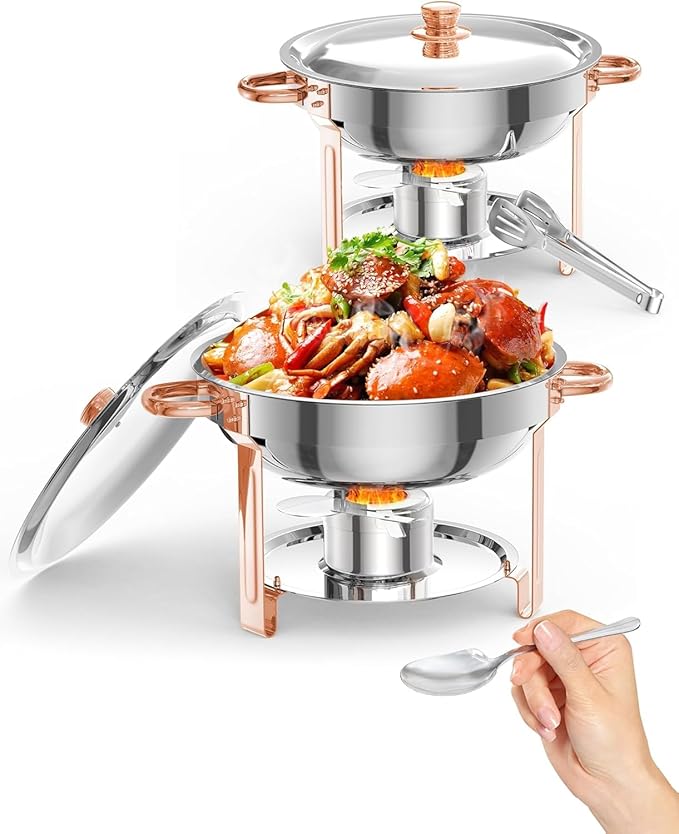5QT 2 Packs Chafing Dish Buffet Set, Round Stainless Steel Chafers and Warmers Food Servers Sets with Lid & Lid Holder, Spoon & Tweezer for Catering Events Parties Weddings Dinners (Rose Gold, 2 Pack)