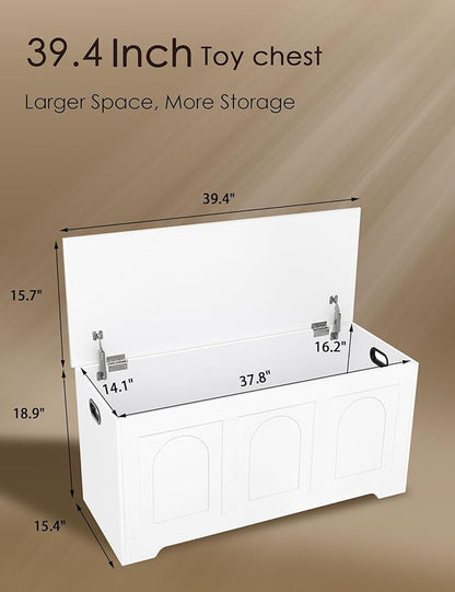 DINZI LVJ Storage Chest, 39.4”Wooden Storage Box with 2 Safety Hinges, Entryway Shoe Bench with Flip-Top, Trunk for Living Room, Bedroom, Easy Assembly, White