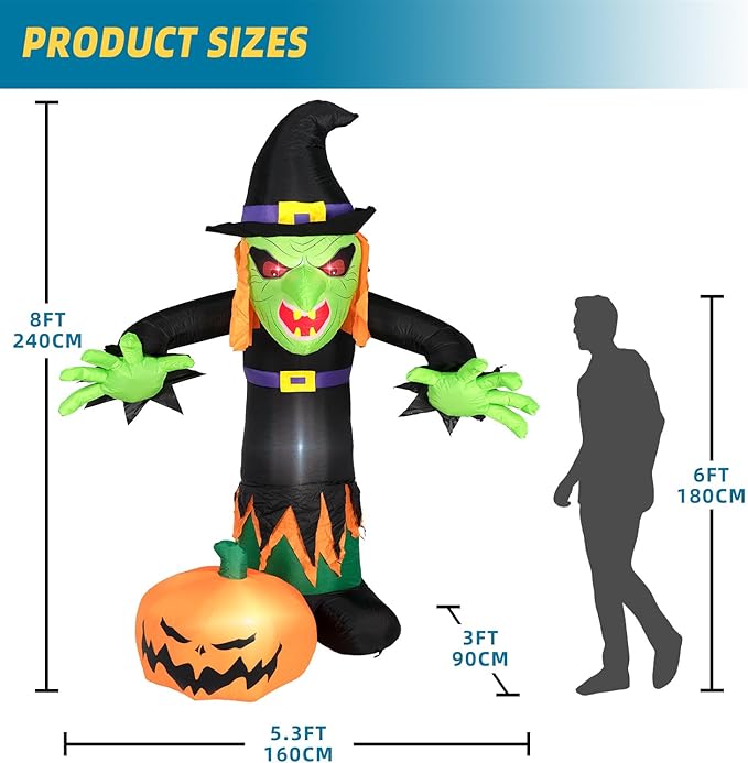 ININ 8FT Halloween Inflatable Witch Decorations Outdoor Built-in LED Lights,Halloween Blow Up Yard Decorations,Scary Party Decorations,Haunted House Decor,for Yard/Lawn/Garden.