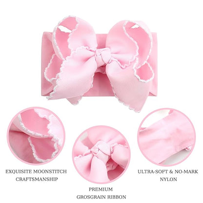 6'' Jumbo Pink Baby Girls Bow Headbands, Handmade Grosgrain Moonstitch Boutique Baby Headwraps, Super Stretchy Soft Nylon Headbands for Newborns, Infants & Toddlers