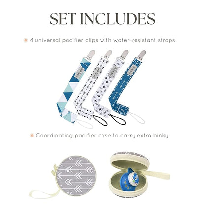 Dodo Babies Pacifier Clip Set - Universal Holder & Pacifier Holder - Detachable Binky Case & Binky Clip - Durable Polyester Straps - 5-Piece Set, Blue/White/Grey Geo Prints