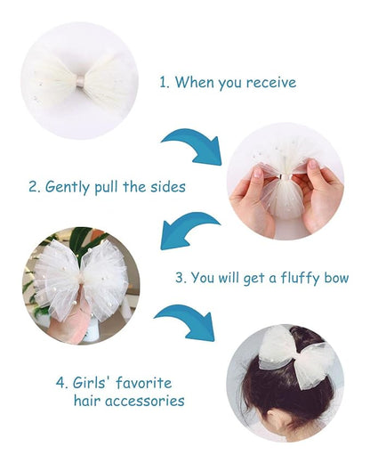 4PCS Ivory Tulle Hair Bows for Toddler Girls Cute Pearls Hair Clips Sweet Flower Girl Hair Accessories for First Communion Party Daily Wearing