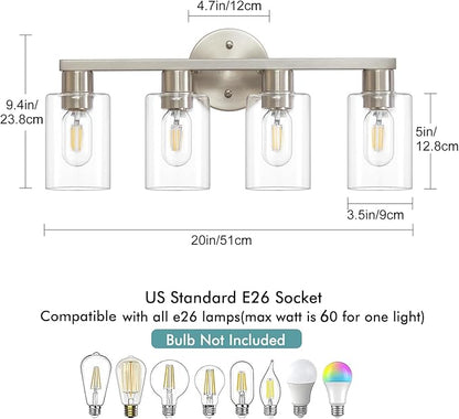 4 Light Bathroom Vanity Light, Brushed Nickel 4-Light Bathroom Light Fixtures, Vanity Lights for Make-Up Mirror, Modern Lighting Fixtures with Clear Glass Shade for Bedroom Living Room
