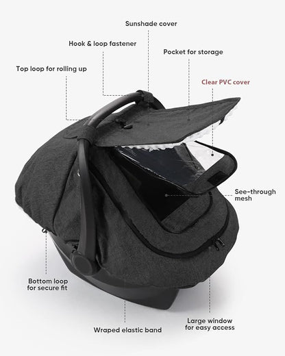 TinlyFinly Waterproof Car Seat Cover for Baby, 2-Layer Car Seat Rain Cover with Clear Window & Sunshade & Mesh Cover, Universal Infant Carseat Canopy for Stroller, Protect from Rain and Snow - Black