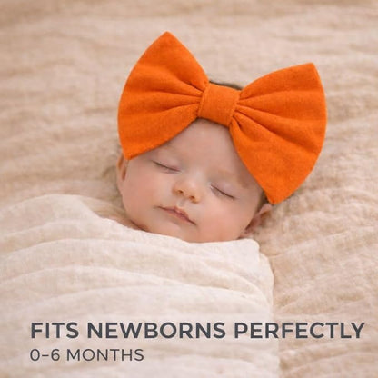 Newborn Baby Girl Headband 0–6 Months – Soft Cotton Big Bow Headband for Infants, Stretchy Baby Hair Band, 4.3" (11 cm) Bow, 2.4" (6 cm) Band (Orange, 0-6 Month)