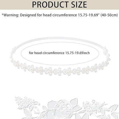 Adjustable Baptism Headband for Girl, White 15.75 inch Lace Baby Headband Baptism Hair Accessories for Girls, White Newborn Bow Flower Christening Hairband with Pearl for Toddlers Baptism