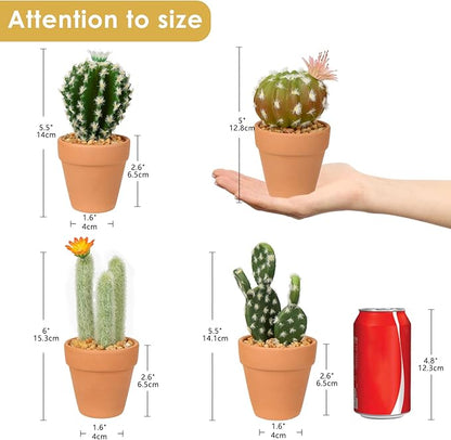 Oairse Mini Artificial Cactus Plants in Terracotta Pots 4 Pcs Potted Faux Succulents in Pots Fake Potted Plants Cactus Decor Small Artificial Plants for Home Decor Indoor Office Desk Tabletop Shelf