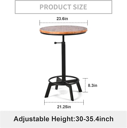 Vintage Bar Table 30-35.4inch Height Adjustable Industrial Bistro Table Retro Dinning Table for Kitchen Coffee House Pub Swivel Wooden Top