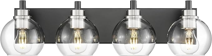 Bathroom Light Fixtures, 4-Light Black and Brushed Nickel Bathroom Vanity Light, 26 Inch Modern Wall Sconces with Globe Clear Glass Shade, Vanity Lighting Fixtures Over Mirror, VL195-KN-4