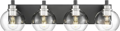 Bathroom Light Fixtures, 4-Light Black and Brushed Nickel Bathroom Vanity Light, 26 Inch Modern Wall Sconces with Globe Clear Glass Shade, Vanity Lighting Fixtures Over Mirror, VL195-KN-4
