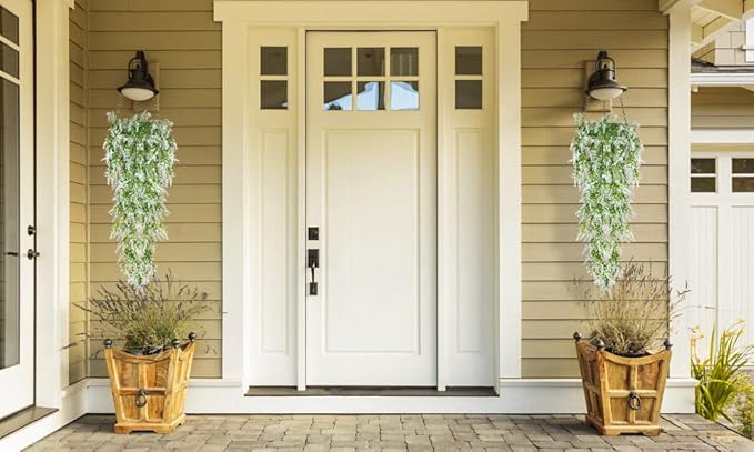 RECUTMS Hanging Flowers Lavender UV Resistant Artificial Plants for Indoor Outside Garden Porch Window Box Home Wedding Farmhouse Decor, 4 Pieces (White)