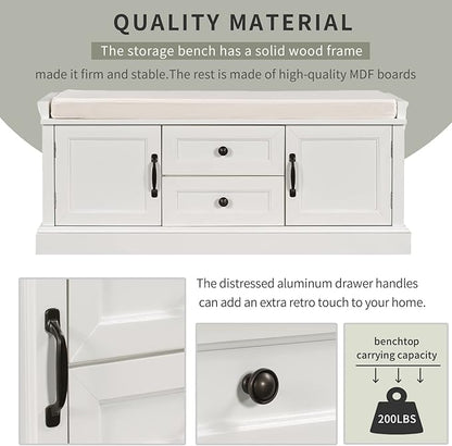 Entryway Storage Bench with Drawers & Cabinets — Cushioned Shoe Storage Bench for Hallway, Mudroom, or Living Room, Solid Wood Frame (White)