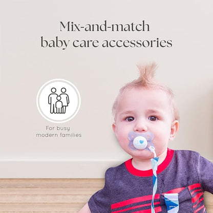 Dodo Babies Pacifier Clip Set - Universal Holder & Pacifier Holder - Detachable Binky Case & Binky Clip - Durable Polyester Straps - 5-Piece Set, Blue/White/Grey Geo Prints