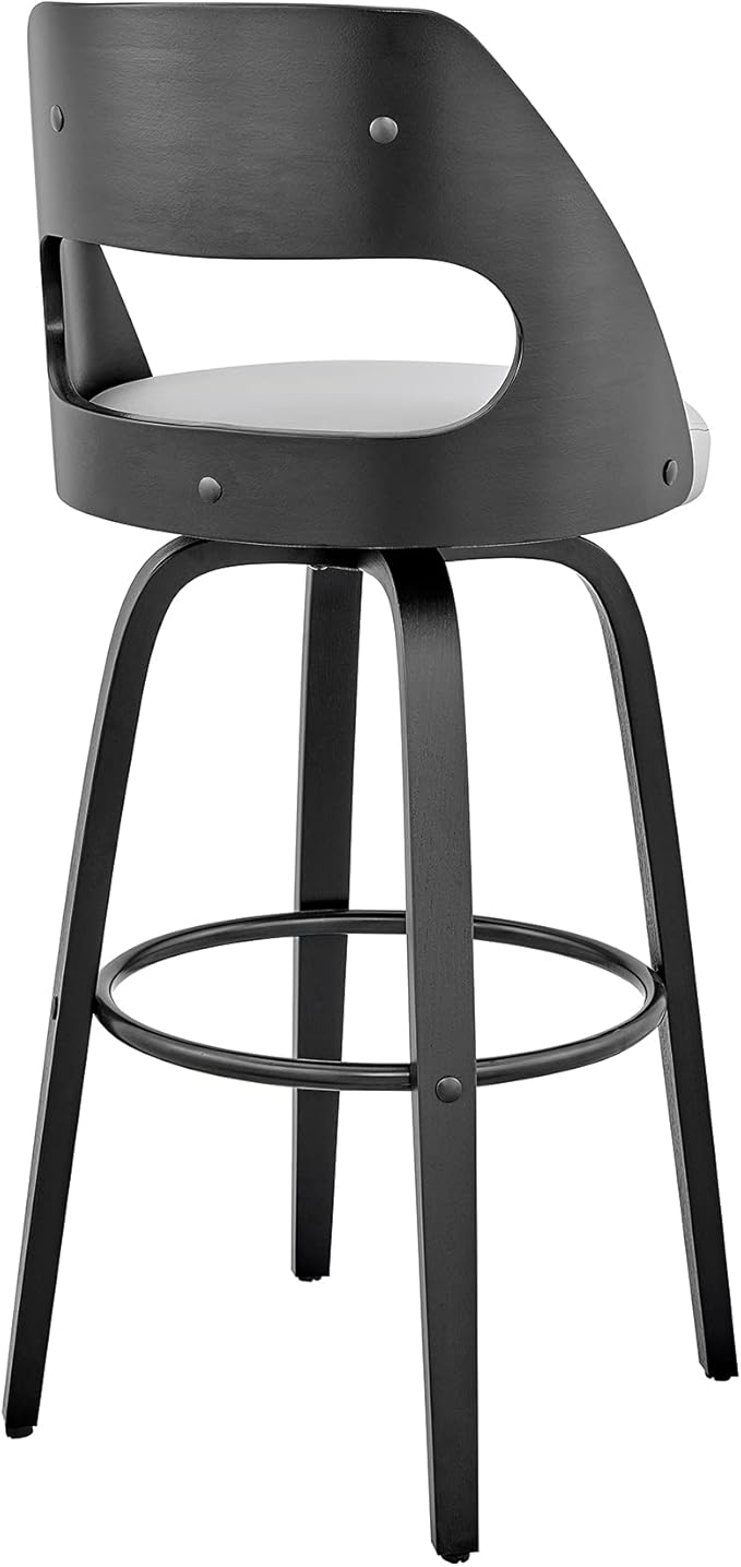 Armen Living Julius Mid Century Modern Swivel Bar Stool for Kitchen Island Counter in Gray Faux Leather and Black Wood, 26" Seat Height