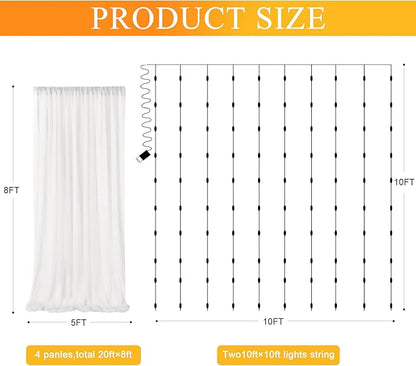 Fomcet Tulle Curtains with Lights String Ivory 20FT X 8FT Sheer Backdrop Curtains for Parties Wedding Baby Shower Photo Shoot Decorations (4 Panels 5x8FT)