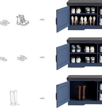 2-Tier Storage Bench, Shoe Bench with Padded Seat Cushion, Entryway Bench with 2 Barn Doors, Adjustable Shelf, 13.8" D x 39.4" W x 17.7" H, for Entryway, Living Room, Bedroom, Blue