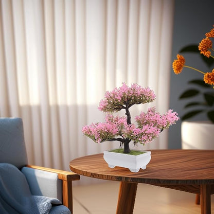 Pink Faux Bonsai Tree Simulated Small Plastic Desk Plant for Home Decor Mini Artificial Bonsai Plant for Living Room and Office Decoration