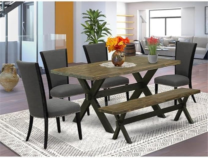 East West Furniture X676VE650-6 6 Piece Dining Set Contains a Rectangle Dining Room Table with X-Legs and 4 Dark Gotham Linen Fabric Parson Chairs with a Bench, 36x60 Inch, Multi-Color