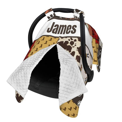Personalized Baby Car Seat Canopy for Babies with Name, Custom Cowboy Western Car Seat Covers for Boys, Opening Minky Nursing Breastfeeding Stroller Cover Carseat Canopies for Infant Newborn