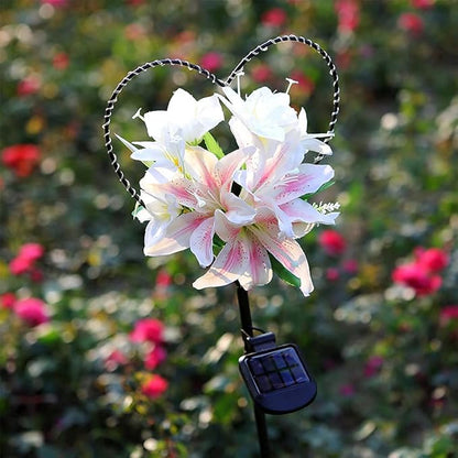 Starryfill Garden Solar Lights Outdoor Heart-Shaped with White Lily Flowers, Metal Stake Lights with 25led Warm White Decorative for Remembrance Gifts Cemetery Decorations Birthday's Day