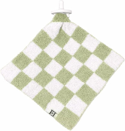 L+L USA Checkered Baby Lovey Pacifier/Teether Holder 10"x10" - DreamSoft Plush Fluffy Cuddly Soothie Reversible Mini Comfort Blanket - Cute Newborn Gift Essential Babies Boys Girls (Green/White)