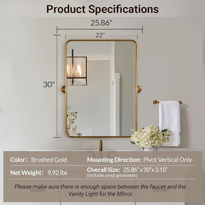 ANDY STAR Gold Pivot Mirror, 22" x 30" Brushed Gold Metal Frame Vanity Mirrors for Over Sink, Farmhouse Rectangle Bathroom Mirror with Adjustable Tilting Design Wall Mounted