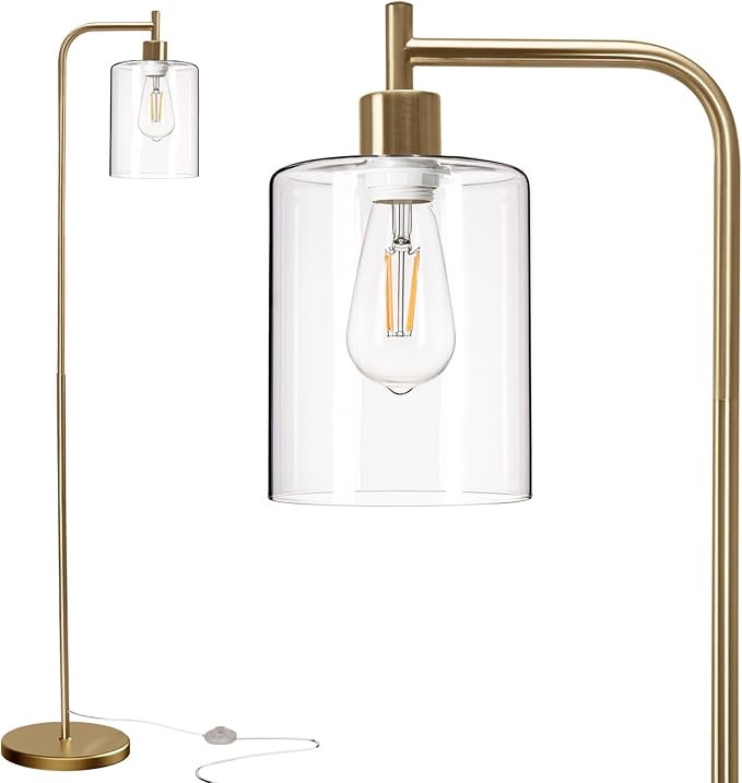 addlon Floor Lamps for Living Room Bright Lighting with Glass lampshade, Modern Bright Floor Lamp with LED Bulbs Industrial Standing lamp for beroom, Tall Pole Lamps Office - Brass Gold