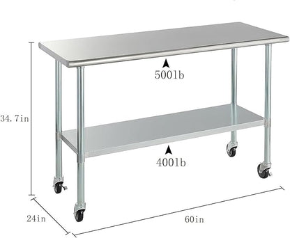 ROCKPOINT Stainless Steel Table for Prep & Work with Caster Wheels 24x60 Inches, NSF Metal Commercial Kitchen Heavy Duty Table with Adjustable Under Shelf and Table Foot for Restaurant, Home and Hotel