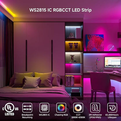 BTF-LIGHTING WS2805 IC RGBCCT Addressable Dual Data LED Strip 5050SMD 16.4FT 60LED/m 10Pixel/m,UL Listed,5 Colors in 1 Chasing Color RGB+CCT 3000K-6500K IP30 DC24V(No Adapter or Controller)
