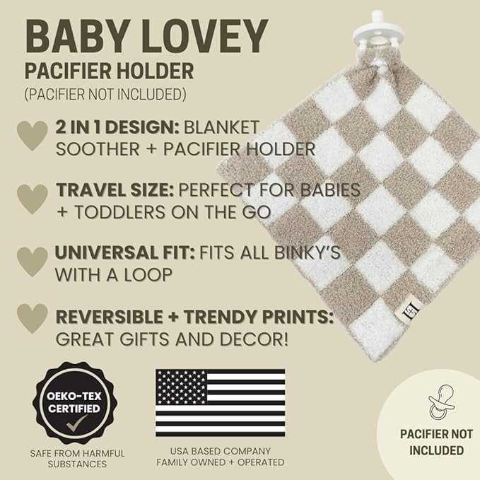 L+L USA Checkered Baby Lovey Pacifier/Teether Holder 10"x10" - DreamSoft Plush Fluffy Cuddly Soothie Reversible Mini Comfort Blanket - Cute Newborn Gift Essential Babies Boys Girls (Green/White)