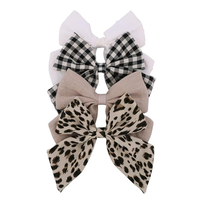 4 PCS Sailor Bow Hair Clips for Kids Girls Women Linen cotton Hair Bow Alligator Clips Baby Toddler Girl Mom Hair Accessories (Leopard/Beige)