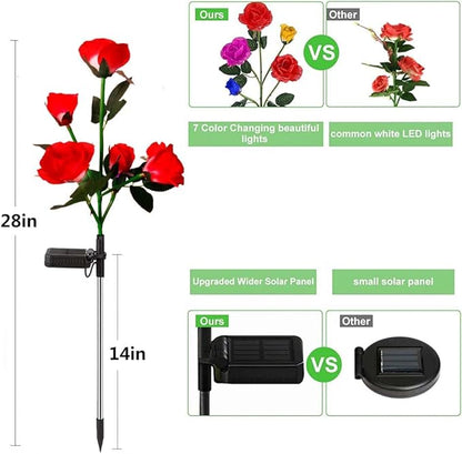 Solar Garden Decor Outdoor Lights, 4 Pack Waterproof Garden Lights for Outside, 16 Solar Rose, Multi-Color Changing Solar Flower Decor for Yard, Patio, Gifts for Women (7-Color Rose)
