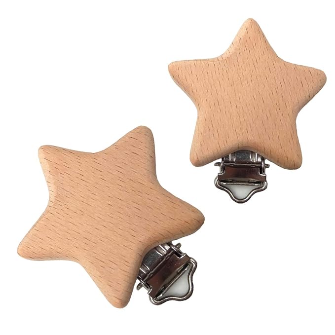 20pcs Natural Wood Suspender Pacifier Clips Cute Beech Wooden Animal Star Shape Clips Charm DIY Beading Pacifier Chain Accessory