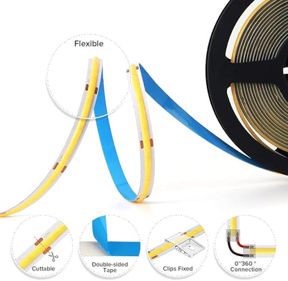 BTF-LIGHTING FCOB COB LED Strip Flexible High Density Uniform Light 9W/m 16.4FT DC12V Warm White 3000K CRI 90+ 8mm Width Dimmable LED Ribbon for Indoor Decoration(No Adapter or Controller)