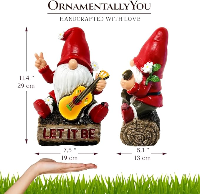 OrnamentallyYou Hippy Gnome with Guitar Garden Statue, Unique Flowers and Peace Sign