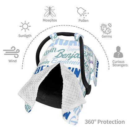 Personalized Baby Car Seat Canopy for Babies, Custom Name Baby Car Seats Covers for Boys Girls, Opening Minky Nursing Breastfeeding Cover for Infant, Carseat Canopies for Newborn (White)