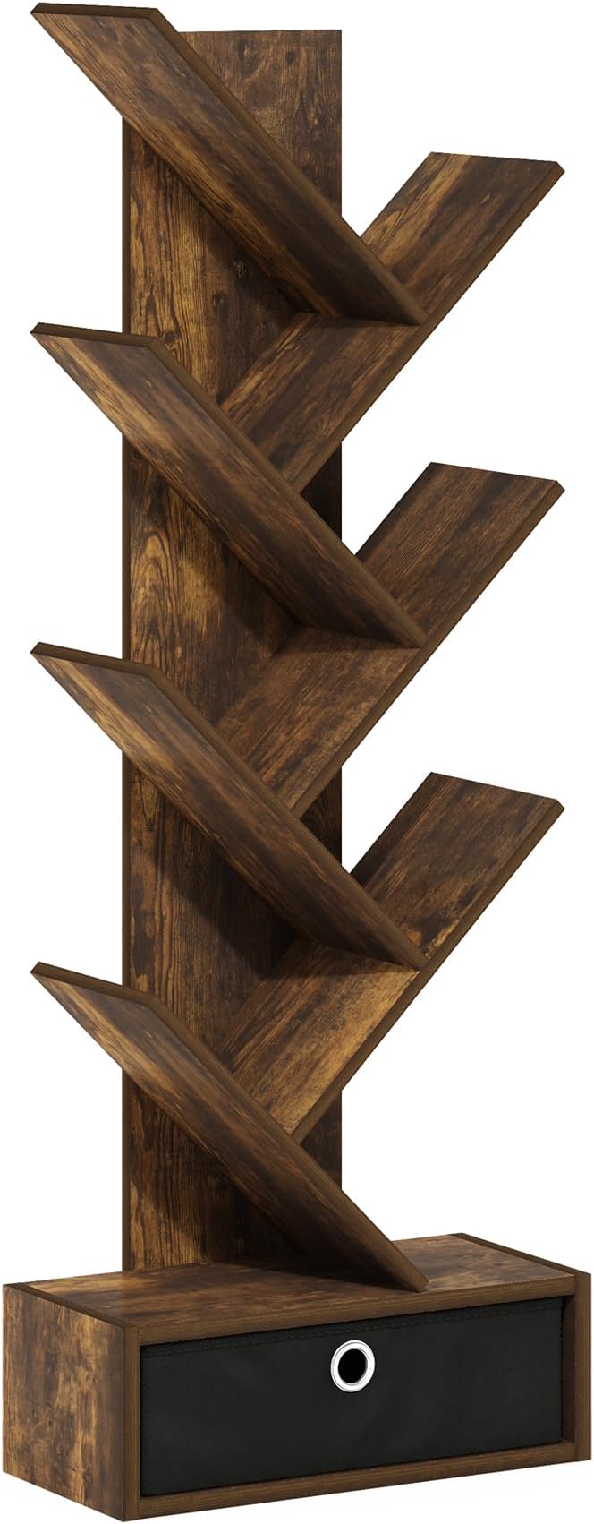 Furinno Tree Bookshelf 7-Tier Floor Standing Tree Bookcase with Bin Drawer, Amber Pine/Black