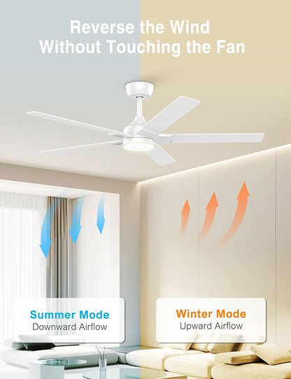 DAMINY 52 inch White Ceiling Fans with Lights,5 Blades,6CCT, Low Profile,Remote Control,for Bedroom, Kitchen,Living Room,Indoor/Outdoor Use,Downrod