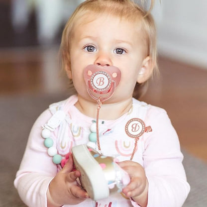 Bling Personalized Pink Baby Pacifier with Pacifier Clips and Anti-dust Cover A-Z 26 Letters(Pink,B)