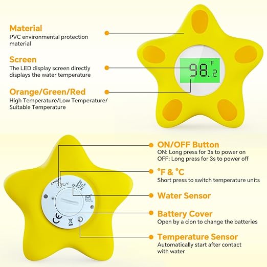 Baby Bath Thermometer, Infant Digital Water Thermometer Safety with 3 Color Backlit and Temperature Warning, Room Thermometers Floating Toy for Infant, Toddler, Bathtub, Swimming Pool (Yellow)