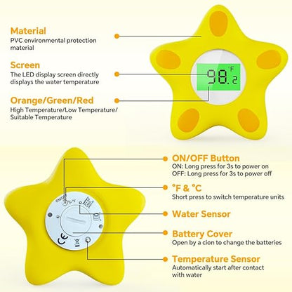 Baby Bath Thermometer, Infant Digital Water Thermometer Safety with 3 Color Backlit and Temperature Warning, Room Thermometers Floating Toy for Infant, Toddler, Bathtub, Swimming Pool (Yellow)