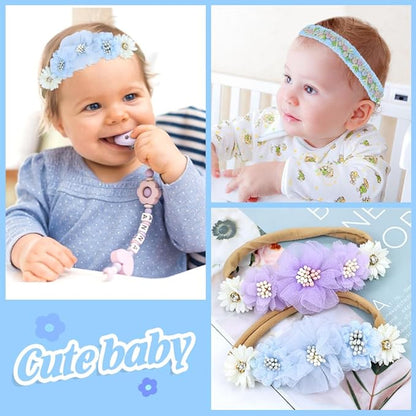 Dizila 6 Pieces Super Soft Stretchy Purple Light Blue Baby Girl Bow Flower Nylon Headbands Floral Lace Headbands Hair Accessories for Newborns Infants Toddlers Girls Kids