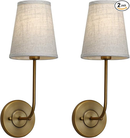 Pathson Set of 2 Vintage Wall Sconces Linen Fabric Shade, Hardwired Bathroom Vanity Lights Brass Finish, Industrial Wall Mounted Fixtures for Bedroom Living Room (Antique Brass)