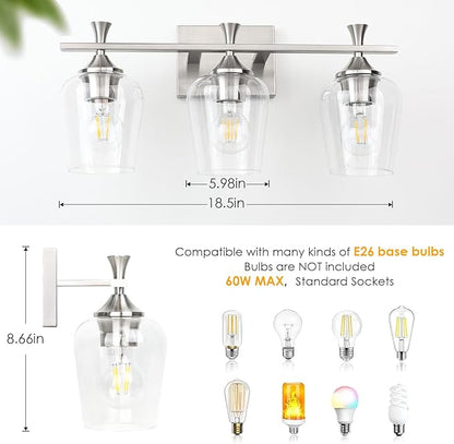 3 Light Bathroom Vanity Light - Silver Bathroom Lighting Fixtures Over Mirror, Modern Wall Sconces with Transparent Glass Lampshade for Bedroom Living Room Kitchen Cabinet Stair Hallway