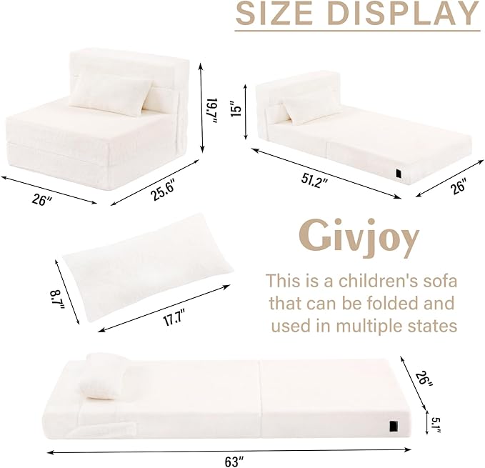 Folding Sofa Bed Beige Floor Mattress for Kids with Pillow, Toddler Washable Folded Floor Nap Mat Futon, Child Fold Up Sofa Folding Chair Bed with Storage Bag for Girls and Boys