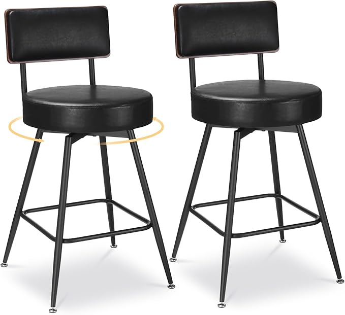 Bar Stools, 25 Inch Swivel Counter Height Bar Stools Set of 2, Black Faux Leather Swivel Bar Stool with Wood Back & Metal Legs for Kitchen Island Pub, Black