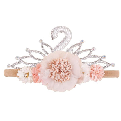 cherrboll Flower Headband Birthday Crown for Girl, Floral Nylon Hairband for 1-3 Years Old Toddler, 2nd Birthday Party Dress Photo Decoration Hair Accessory