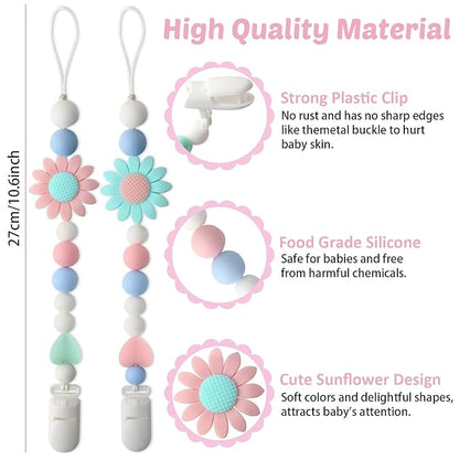 Silicone Pacifier Clip, 2 Pack Pacifier Holder for Boys and Girls, Adorable Sunflower Pacifier Clips Fits for Most Pacifier, Baby Teethers, Baby Shower and Baby Gift(Pink&Green)