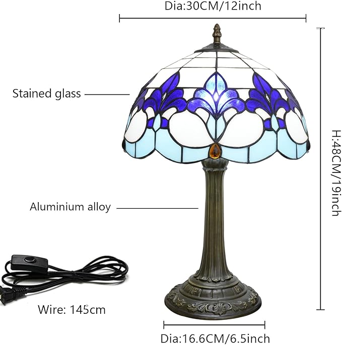 Tiffany Style Table Lamp with Blue Iris Stained Glass Lamp 12 Inch Retro Bronze Base Bedside Lamp Living Rooms, Offices, Hotel，Coffee Shop European Style Decorative Ambient Light Bedside Lamp